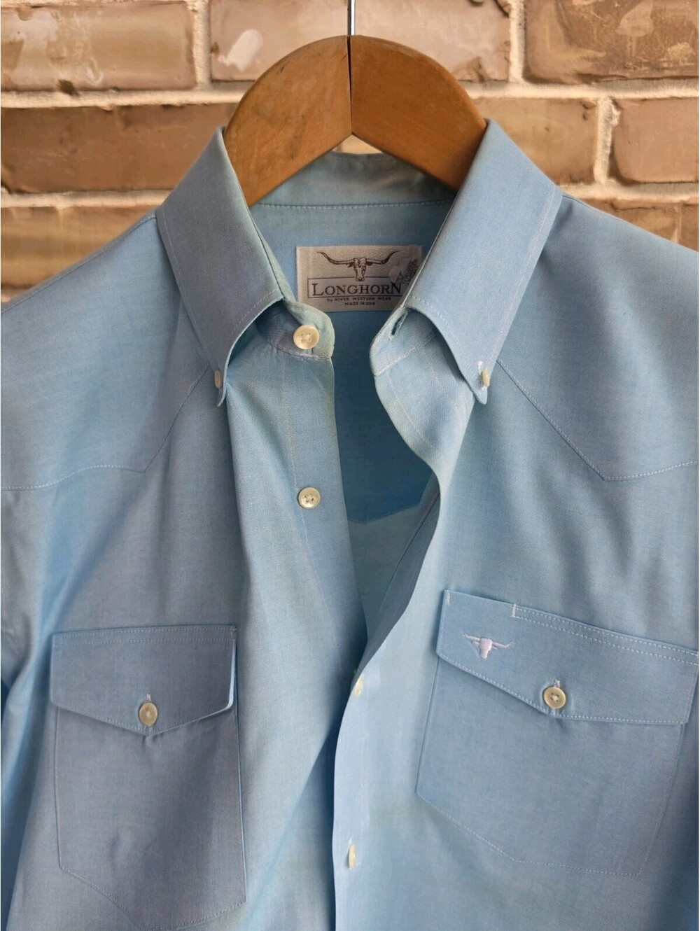 Vintage Longhorn Niver Western Button Down Shirt 16.5 34 Blue Made USA Cowboy